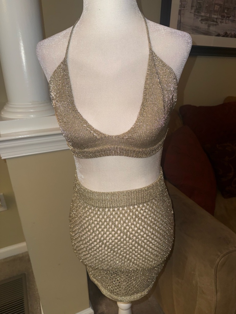 NWT White Fox Metallic Gold Knit TwoPiece Halter Top and Mini Skirt